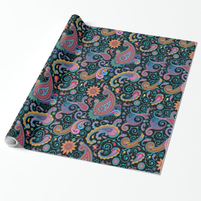 Colorful Tribal Floral Paisley Pattern Wrapping Paper (Unrolled)