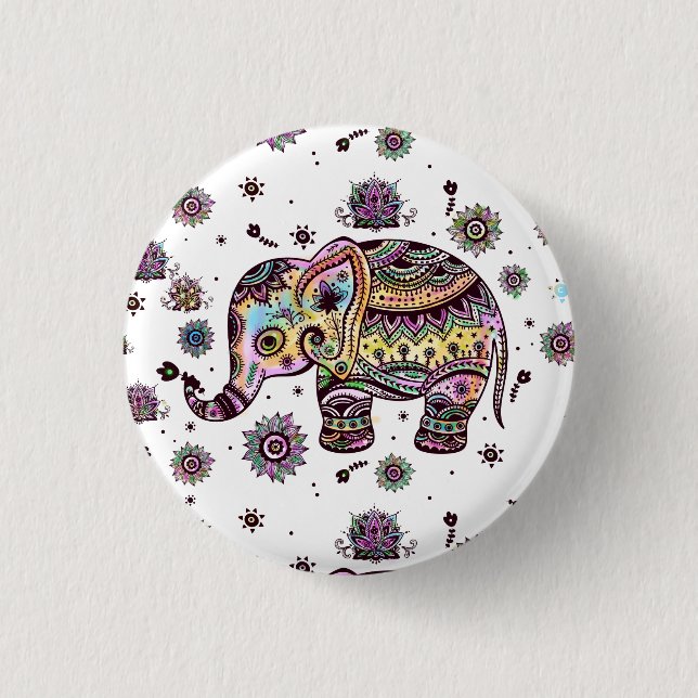 Colorful tribal flowers elephant pinback button (Front)