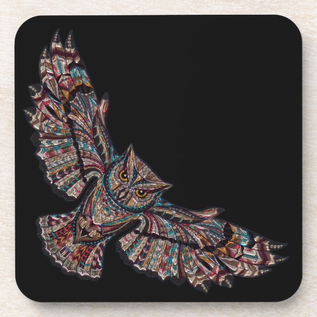 Colorful Tribal Flying Owl Drink Coaster (Front)