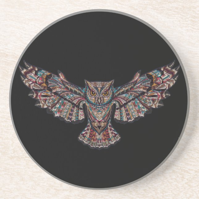 Colorful Tribal Flying Owl Drink Coaster (Front)