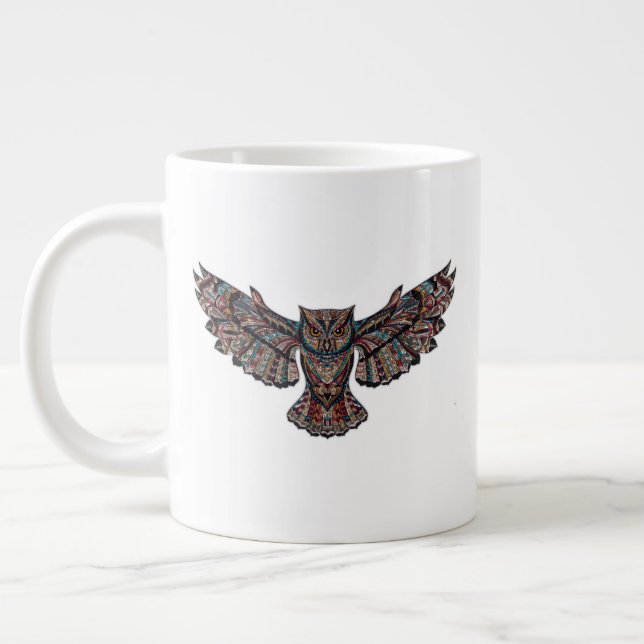 Colorful Tribal Flying Owl Large Coffee Mug (Left)