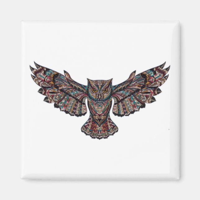 Colorful Tribal Flying Owl Magnet (Front)