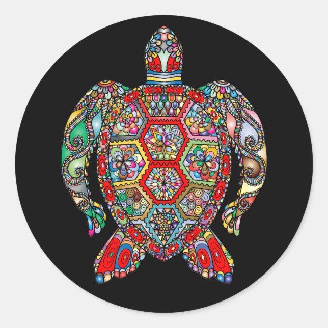 Colorful Tribal Sea Turtle Classic Round Sticker (Front)