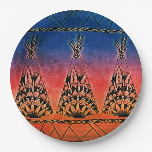 Colorful Tribal Teepees Art Boho Design Paper Plates