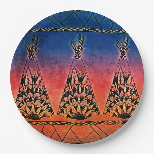 Colorful Tribal Teepees Art Boho Design Paper Plates (Front)