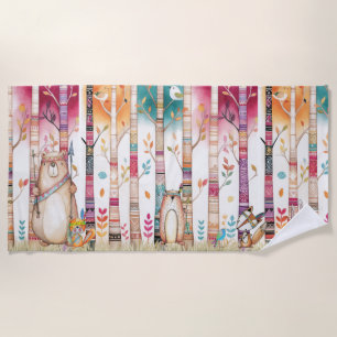 Colorful Tribal Woodland Forest Trees & Animals Beach Towel
