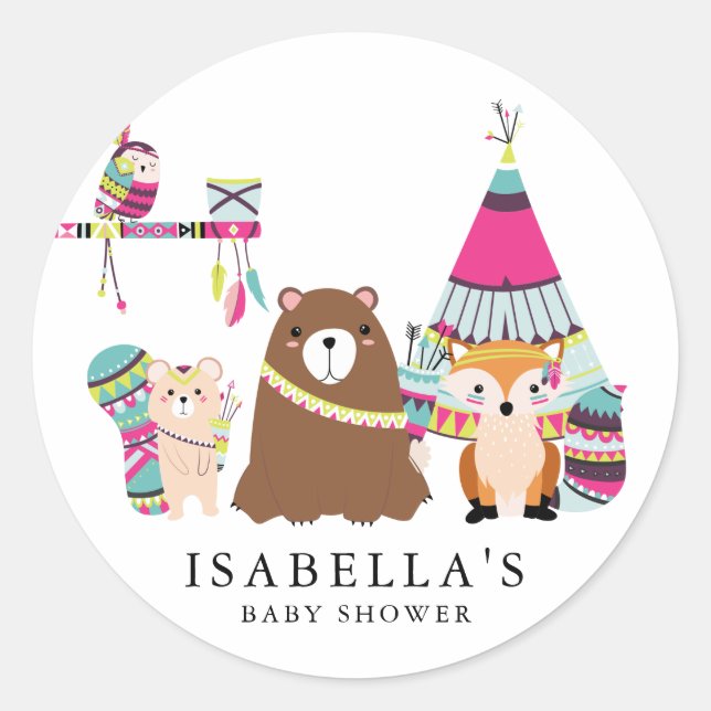 Colorful Tribal Woodland Friends Baby Shower Classic Round Sticker (Front)