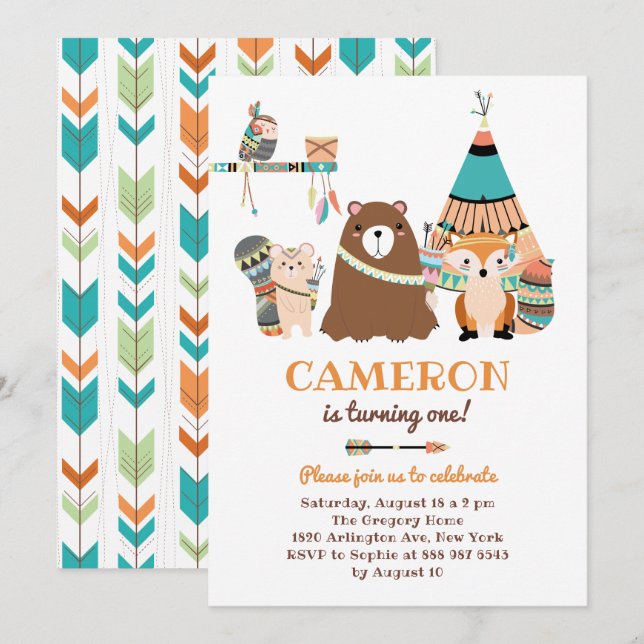 Colorful Tribal Woodland Friends Birthday Party Invitation (Front/Back)