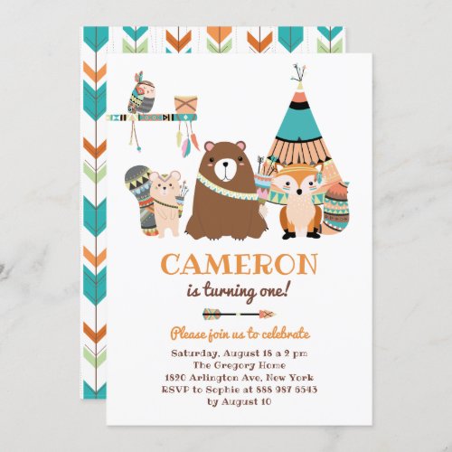 Colorful Tribal Woodland Friends Birthday Party Invitation