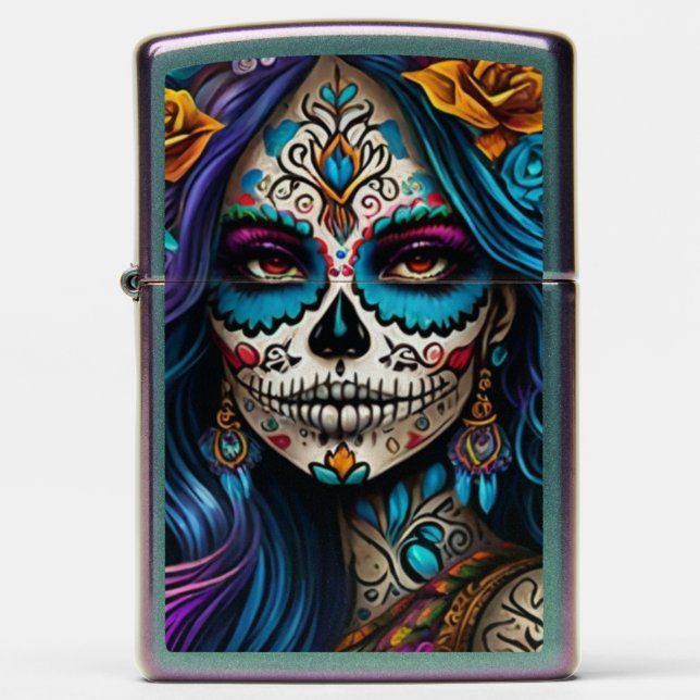 Colorful Tribute: Day of the Dead Makeup Artistry Zippo Lighter (Front)