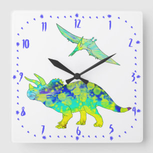 Colorful Triceratops Pterodactyl Cute Dinosaurs Square Wall Clock
