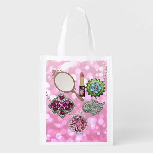 Colorful Trinkets Jewels  Baubles Pink Bokeh   Grocery Bag
