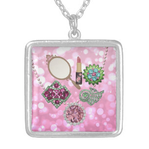 Colorful Trinkets Jewels & Baubles Pink Bokeh   Silver Plated Necklace