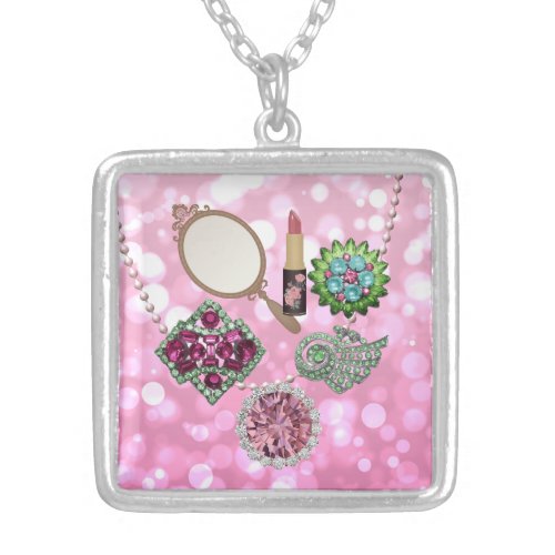 Colorful Trinkets Jewels  Baubles Pink Bokeh   Silver Plated Necklace