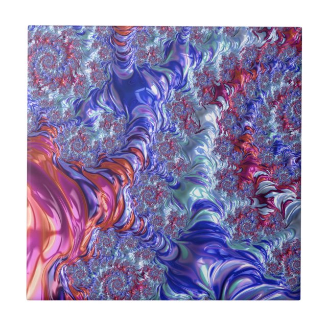 Colorful Trippy Groovy Digital Abstract Fractal Tile (Front)