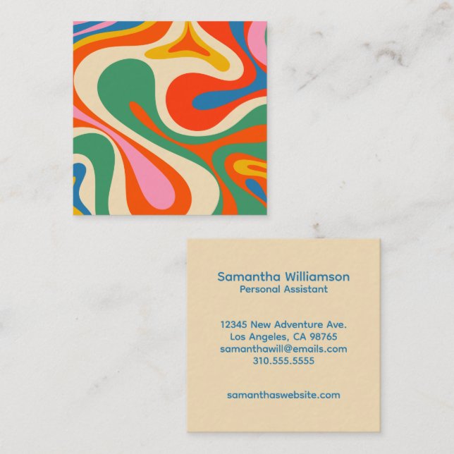 Colorful Trippy Retro Mod Swirl  Square Business Card (Front/Back)