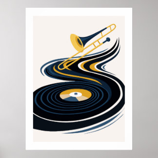 Colorful Trombone & Vinyl Record Art Poster