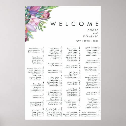 Colorful Tropical  Alphabetical Seating chart
