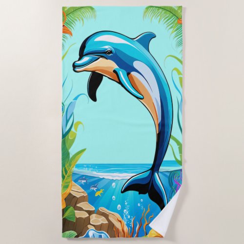 Colorful Tropical Beach Dolphin Jumping Beach Towel