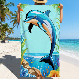 Colorful Tropical Beach Dolphin Jumping Towel