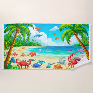 Colorful Tropical Beach Scene with Playful Animals Towel