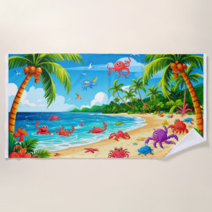 Colorful Tropical Beach Scene with Playful Animals Towel