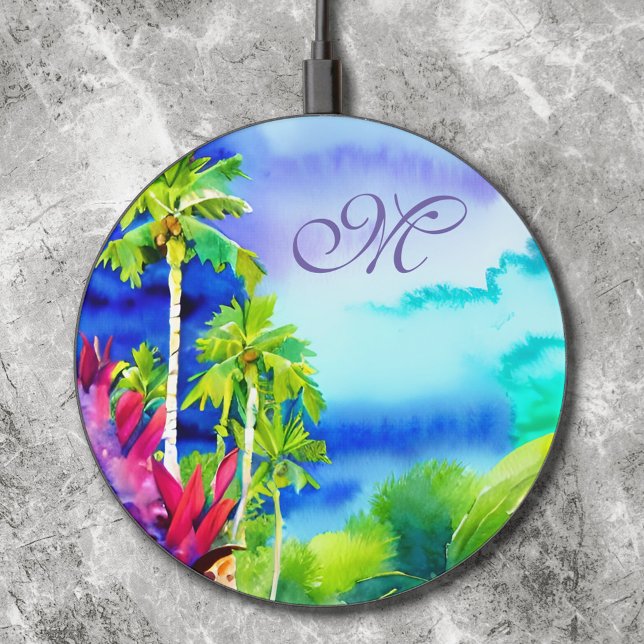 Colorful Tropical Beach Summer Watercolor Monogram Wireless Charger (Creator Uploaded)