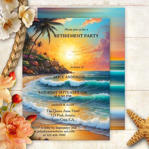 Colorful Tropical Beach Sunset Retirement  Invitation