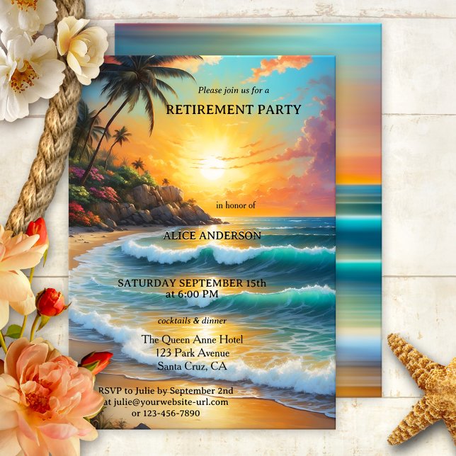 Colorful Tropical Beach Sunset Retirement  Invitation (Retirement party invitation featuring a colorful sunset on a tropical beach - travel - nautical)