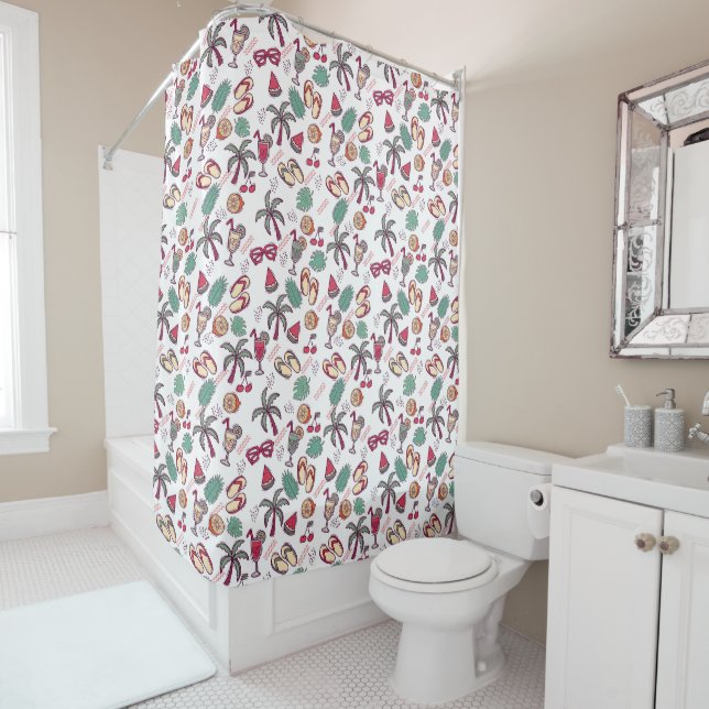 Colorful tropical beach vacation themed pattern shower curtain (In Situ)