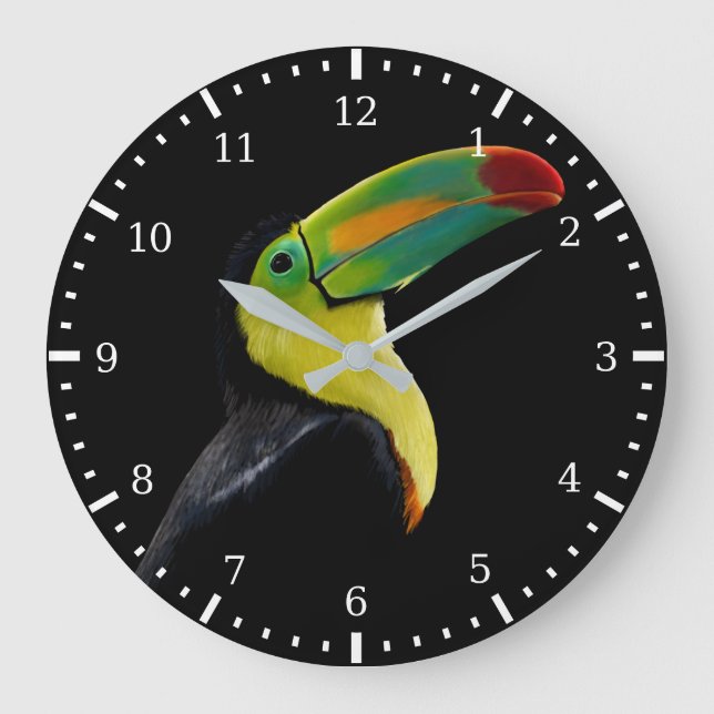 Colorful Tropical Bird Black Yellow Green Toucan Large Clock (Front)