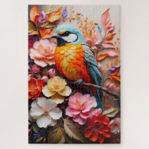 Colorful Tropical Bird with Flowers Puzzle