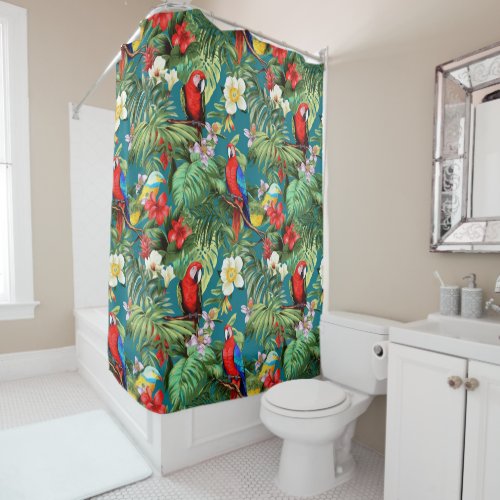 Colorful Tropical Birds and Flowers Foliage Shower Curtain