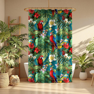 Colorful Tropical Birds and Flowers Foliage Shower Curtain