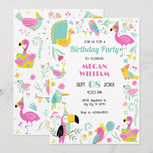 Colorful tropical birds invitation (Front/Back)