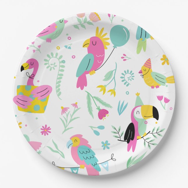 Colorful tropical birds paper plates (Front)