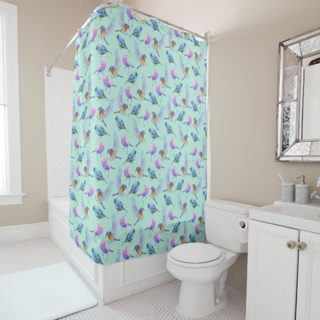 Colorful Tropical Birds Watercolor Pattern Shower Curtain (In Situ)