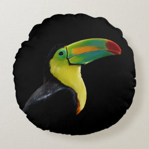 Colorful Tropical Black Yellow Green Toucan Round Pillow