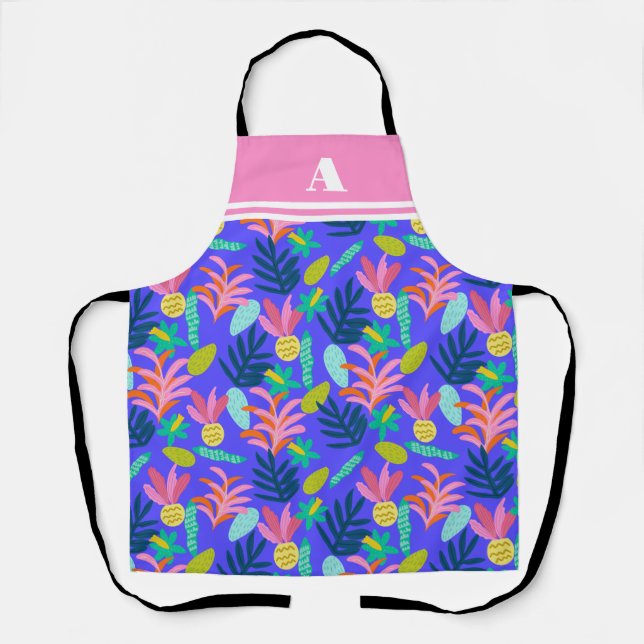 Colorful tropical blue floral modern pretty Apron (Front)