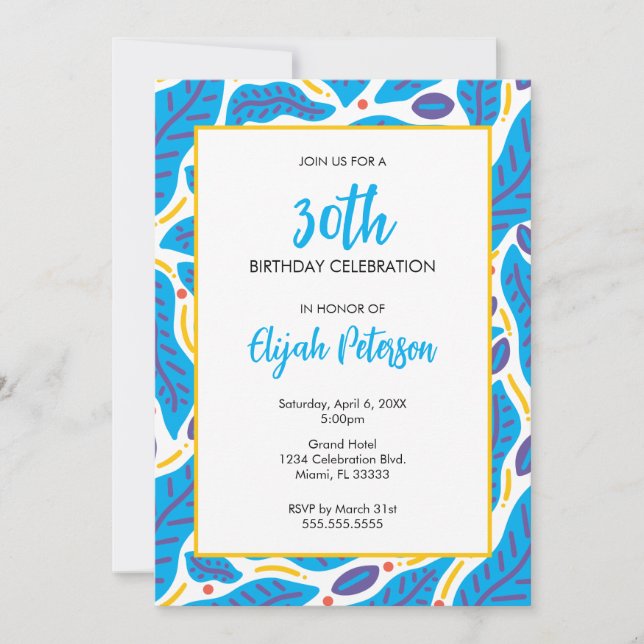 Colorful Tropical Blue Leaves Doodle Invitation (Front)