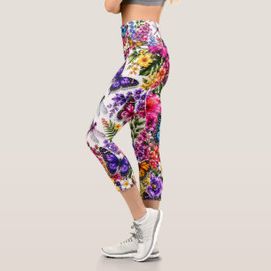 Colorful Tropical Butterfly Floral Garden Pattern Capri Leggings