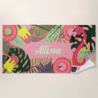 Colorful Tropical Custom Name Beach Towel
