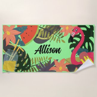 Colorful Tropical Custom Name Beach Towel