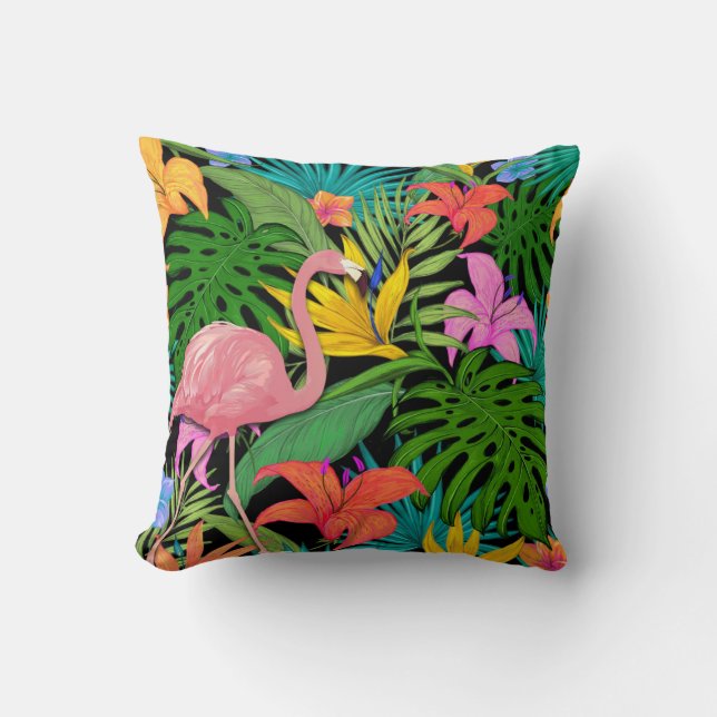 Colorful tropical design with pink flamingo throw pillow (Front)