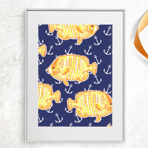 Colorful Tropical Fish and Anchor Pattern Poster
