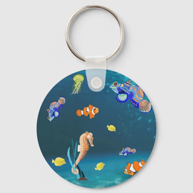 Colorful tropical fish and Seahorse Keychain (Front)
