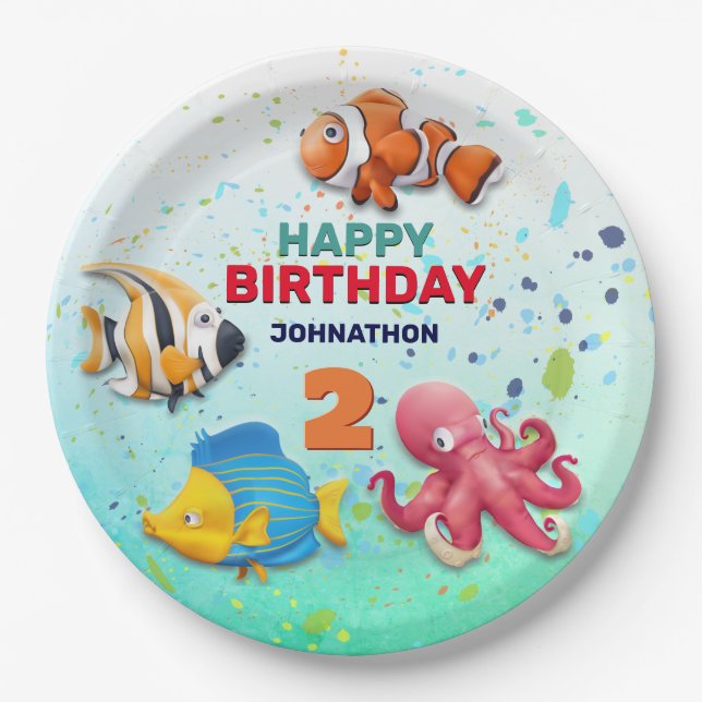 Colorful Tropical Fish Kids Birthday Paper Plates (Front)