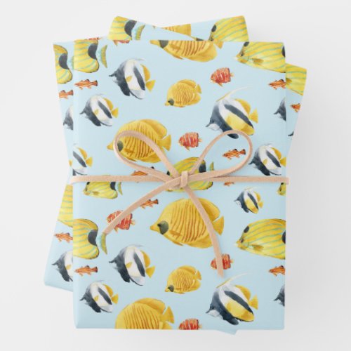 Colorful Tropical Fish Marine Life Blue  Wrapping Paper Sheets