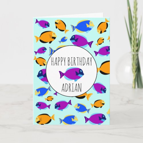 Colorful Tropical Fish Pattern Blue Sea Birthday Card