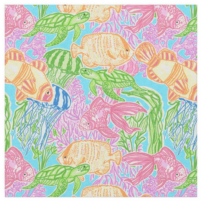 Colorful Tropical Fish Pattern Fabric (Close Up)